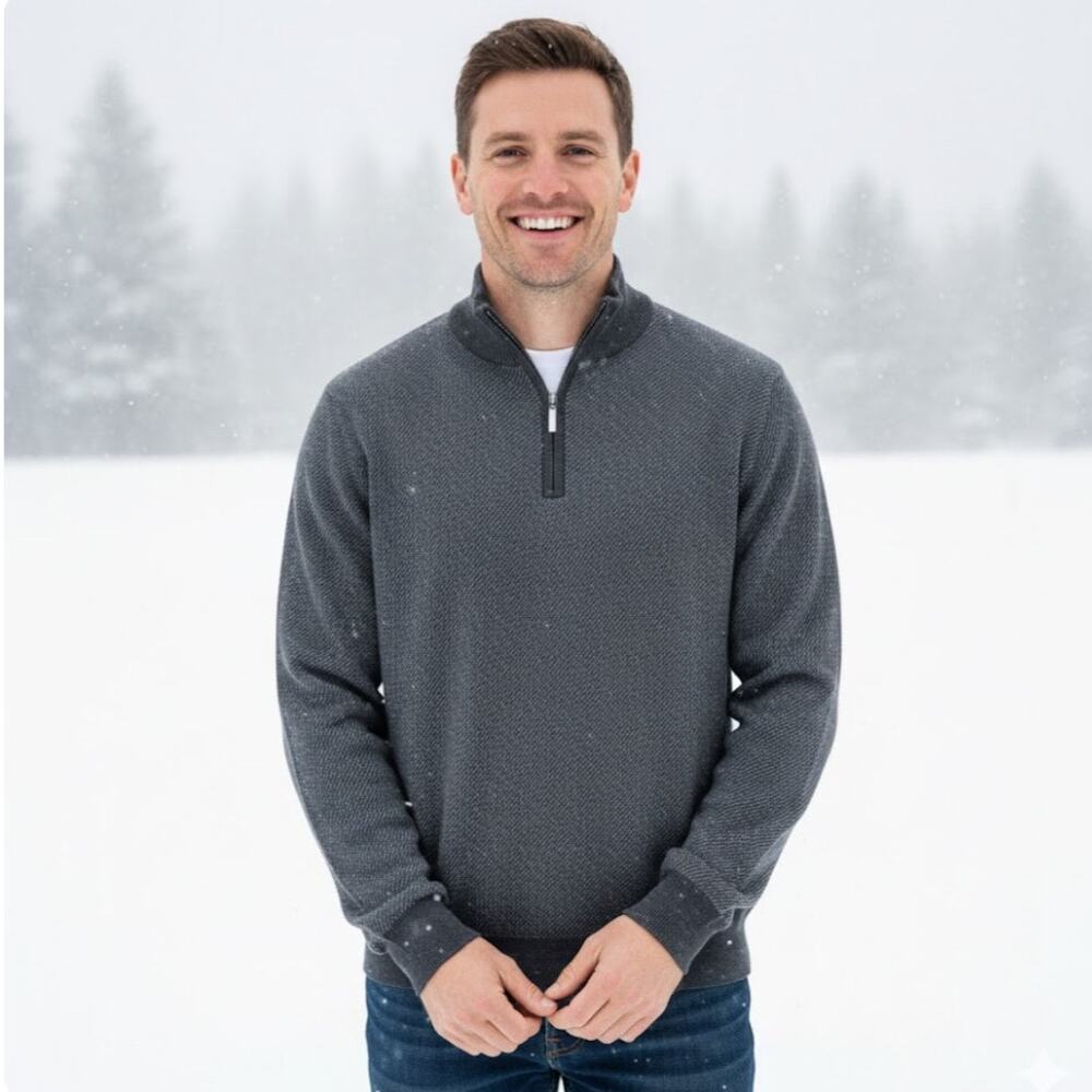 Neiman Marcus Mens L Quarter Zip Pullover Sweater Merino Wool Gray Minimalist